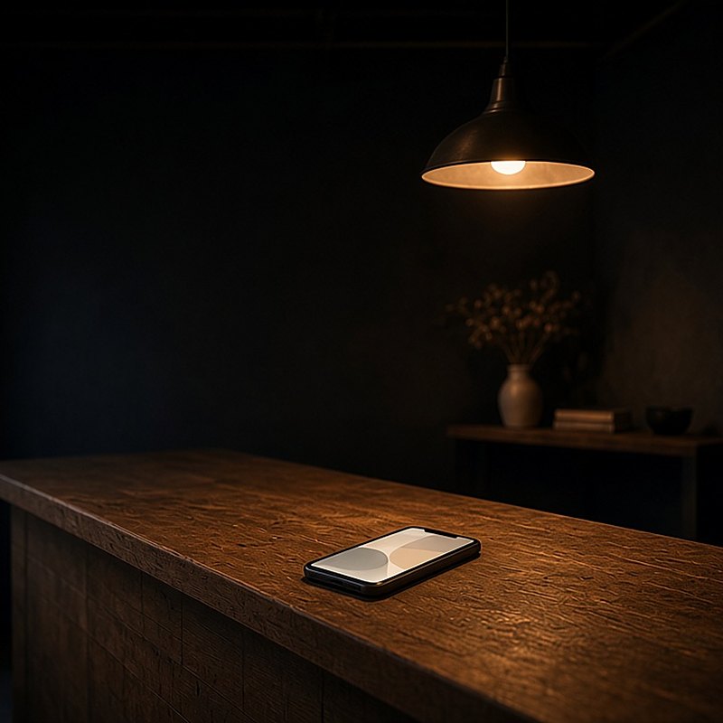 An empty shop at blue hour. A phone glows on a long oak counter beneath a single pendant lamp, with dried flowers on a shelf in the dark behind.